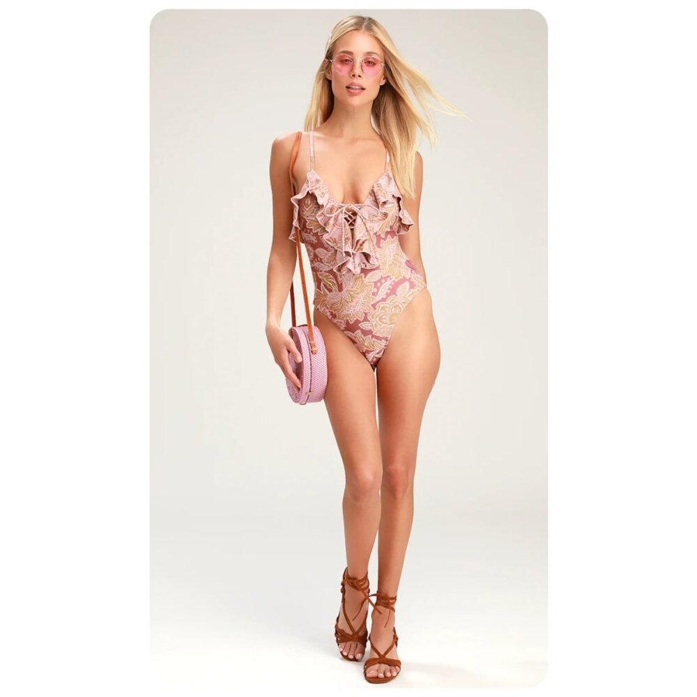 * Power 2 The Flower P2F Farrah Mauve Floral Ruffled Backless One Piece Swimsuit - Picture 4 of 4